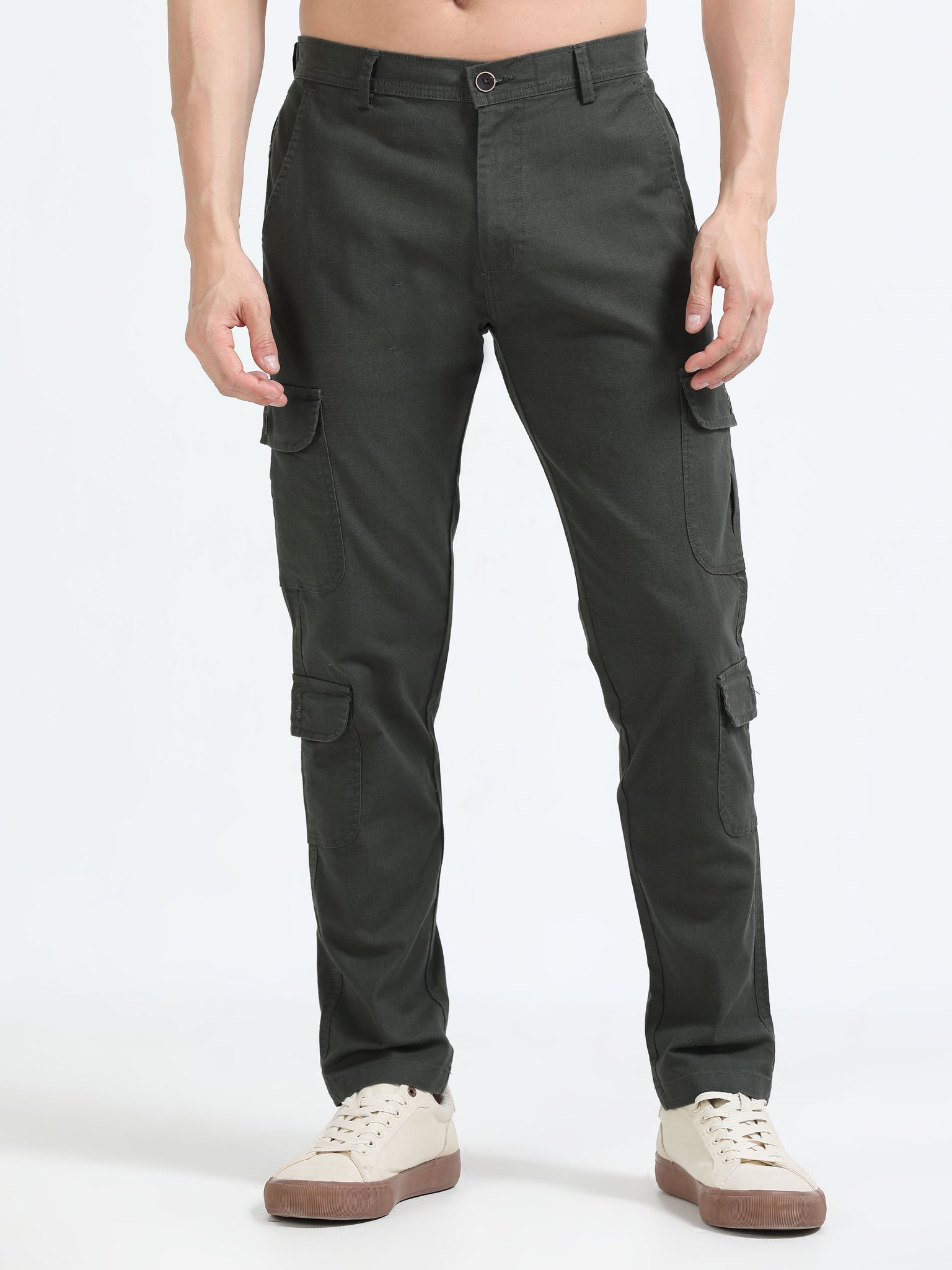 Men Lazy Linen Utility Cargo-Olive