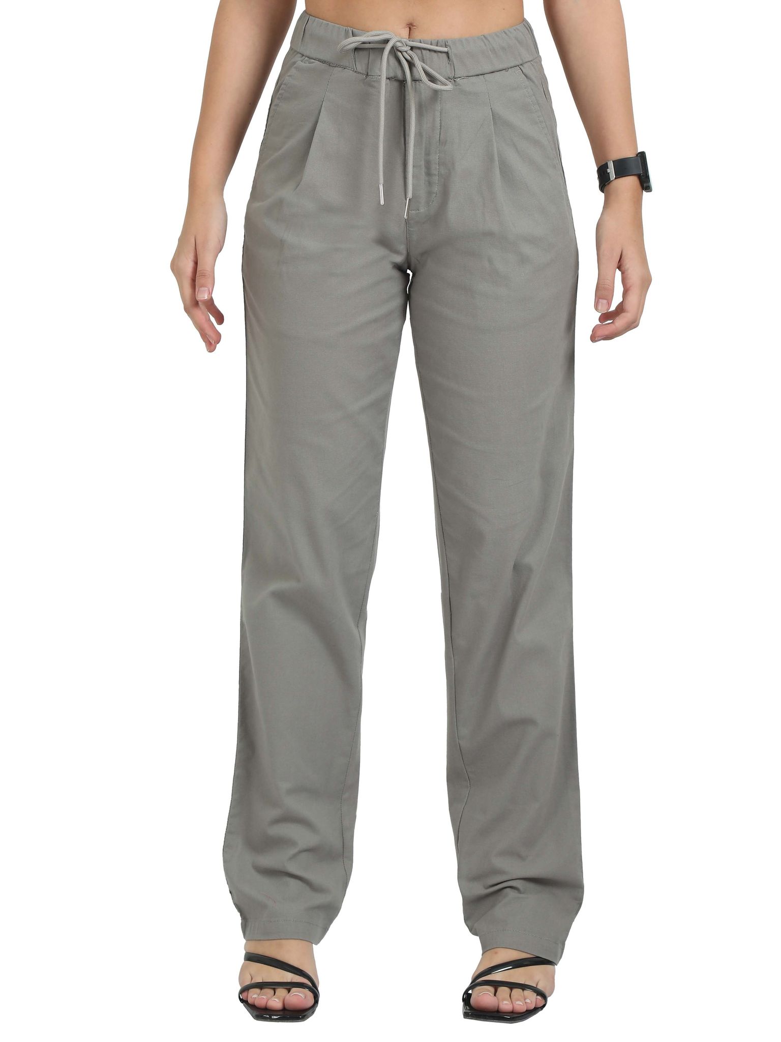 Women Lazy Linen Pleat Pant-Lt Grey