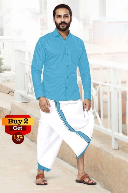 Acrylic Dhoti & Shirt Set Sky Blue Full Sleeve