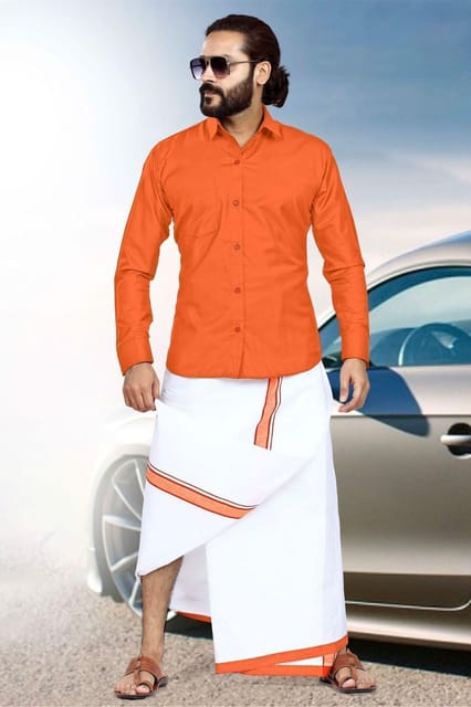 Acrylic Dhoti & Shirt Set Orange Full Sleeve