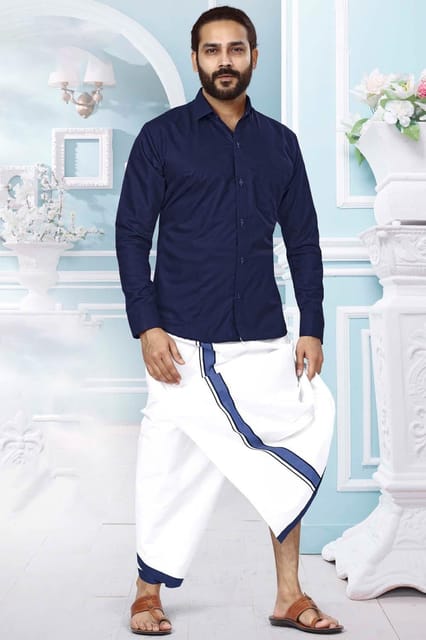 Acrylic Dhoti & Shirt Set Navy Blue Full Sleeve