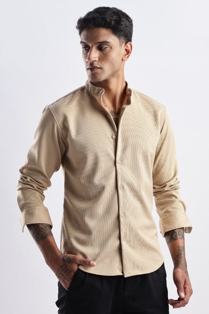 Men Waffle Dobby Shirts Mandarin Collar-Beige