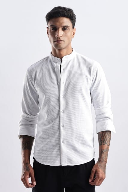 Men Waffle Dobby Shirts Mandarin Collar-White