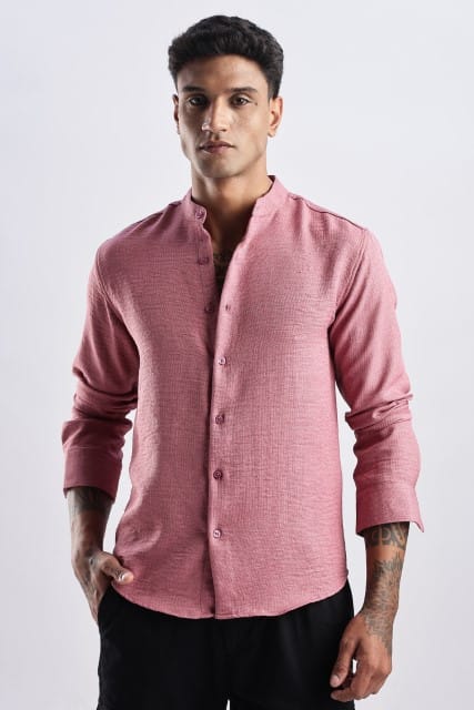 Men Milange Linen Look Shirts Mandarin Collar-Pink