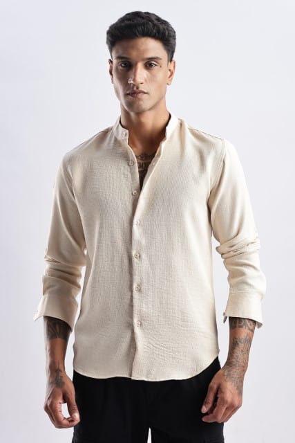 Men Milange Linen Look Shirts Mandarin Collar-Cream