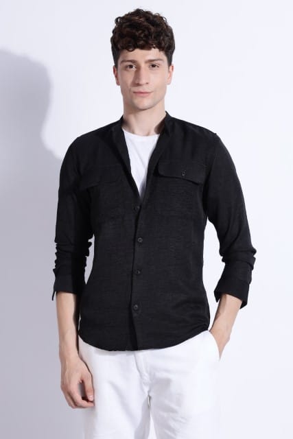 Men Air Linen Like DP Mandarine Shirt-Black