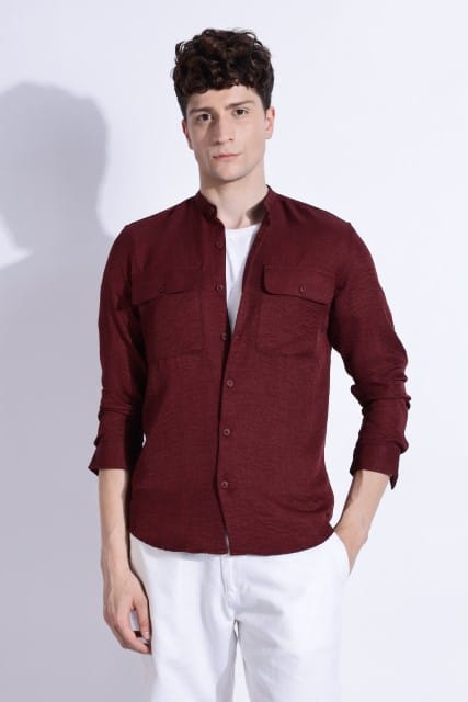 Men Air Linen Like DP Mandarine Shirt-Maroon