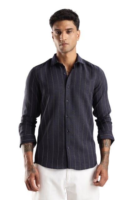 Men Air Like Linen Stripes Shirt-Navy