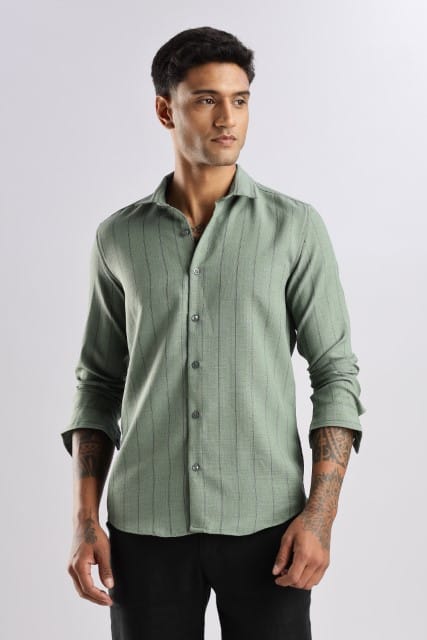 Men Air Like Linen Stripes Shirt-Olive