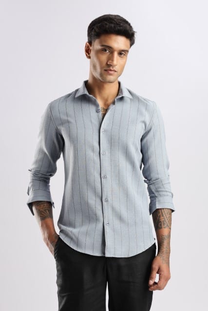 Men Air Like Linen Stripes Shirt-Grey