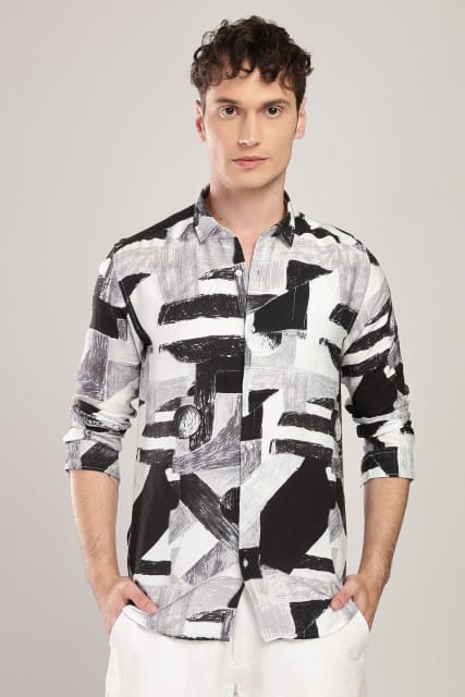 Men Nylon Abstract Print Shirts-Black