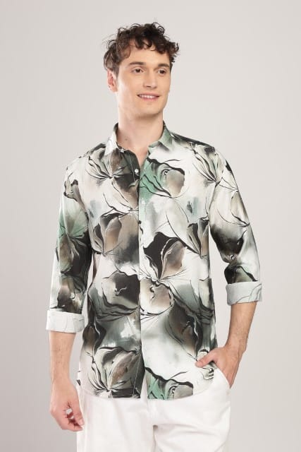 Men Nylon Abstract Print Shirts-Green