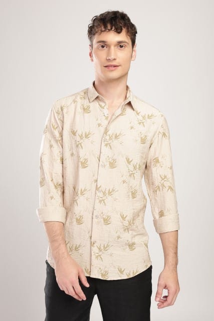 Men Linen Like Printed Shirt-Beige