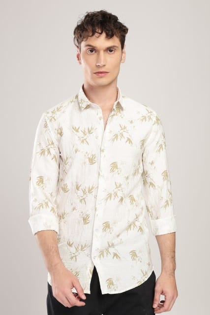 Men Linen Like Printed Shirt-White