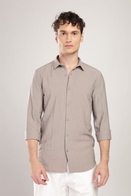 Men Linen Like Neps Shirts-Fawn