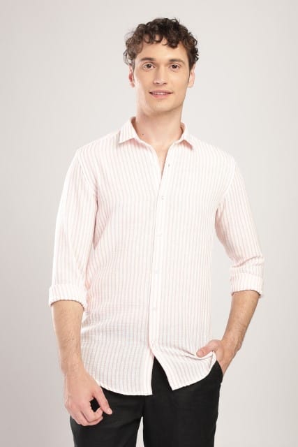 Men Linen Like Lining Shirt-Pink