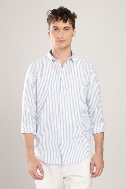 Men Linen Like Lining Shirt-Sky Blue