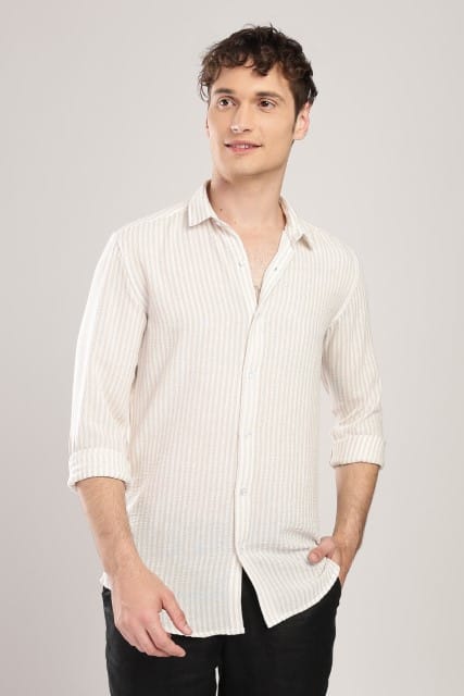 Men Linen Like Lining Shirt-Beige