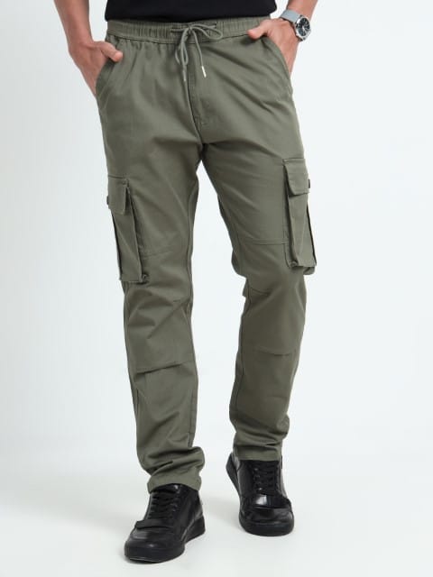 Men Relaxed Fit Cargoes-Olive