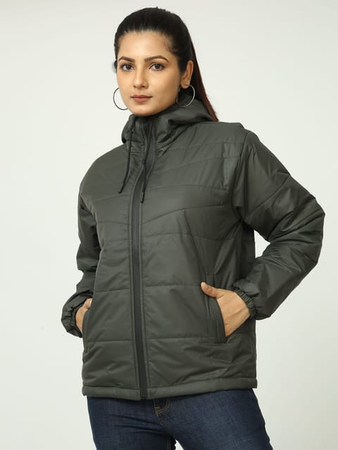 Women Olive Green Bomber Jacket with Hood