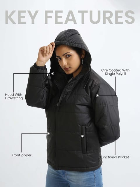 Women Black Bomber Jacket with Hood