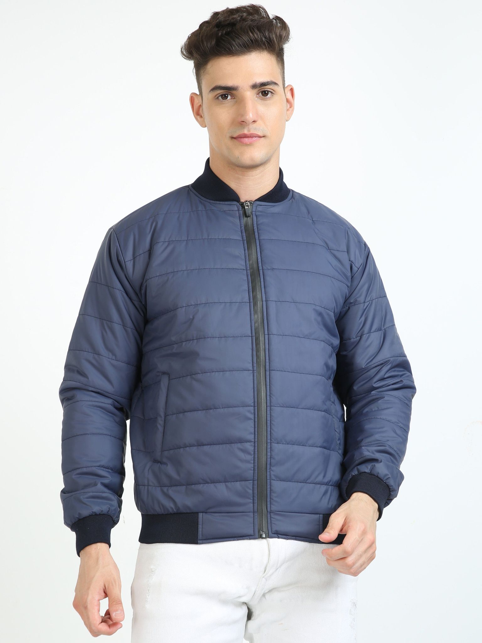 Men Navy Blue Bomber Rib Style Jacket