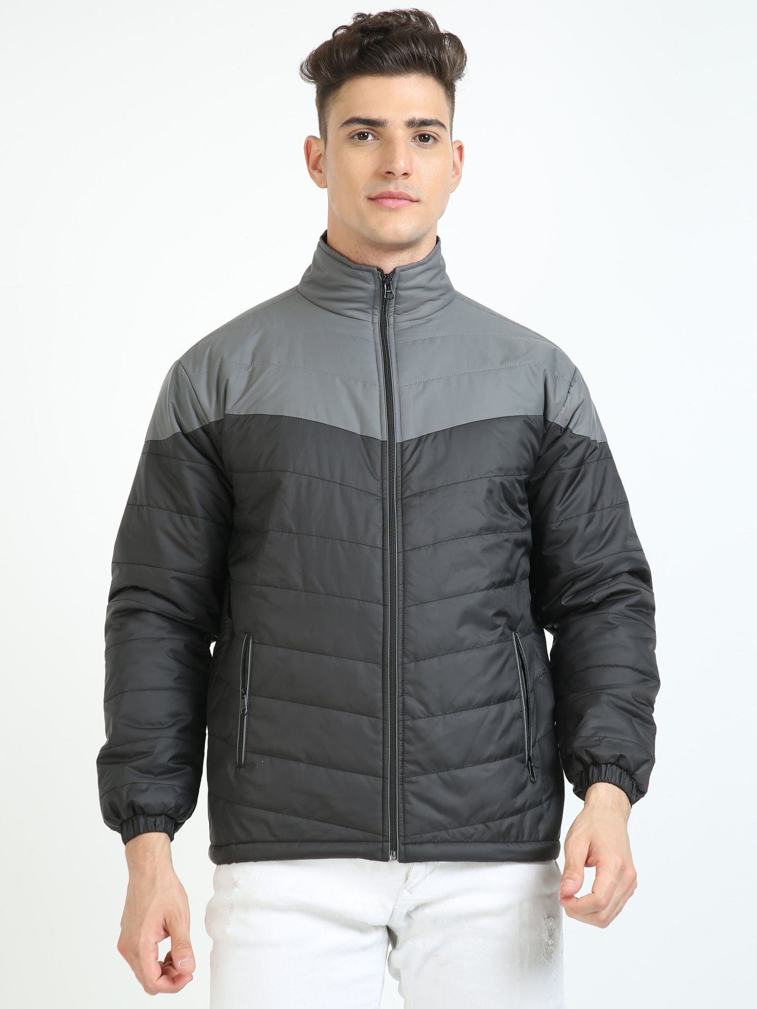 Men Grey-Black Bomber Jacket