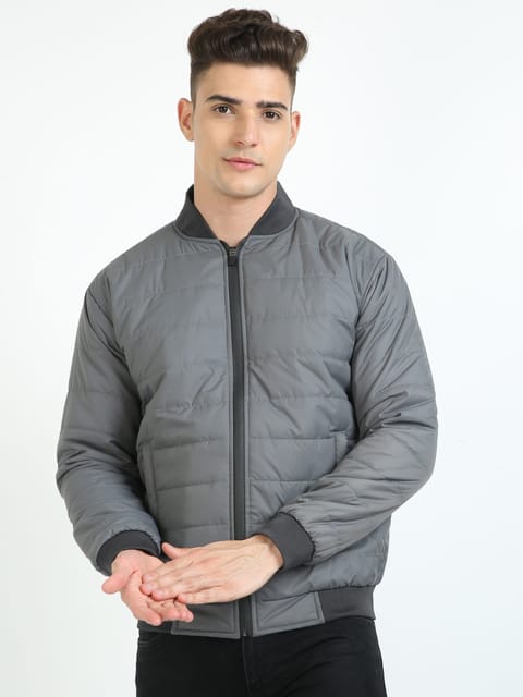 Men Grey Bomber Rib Style Jacket