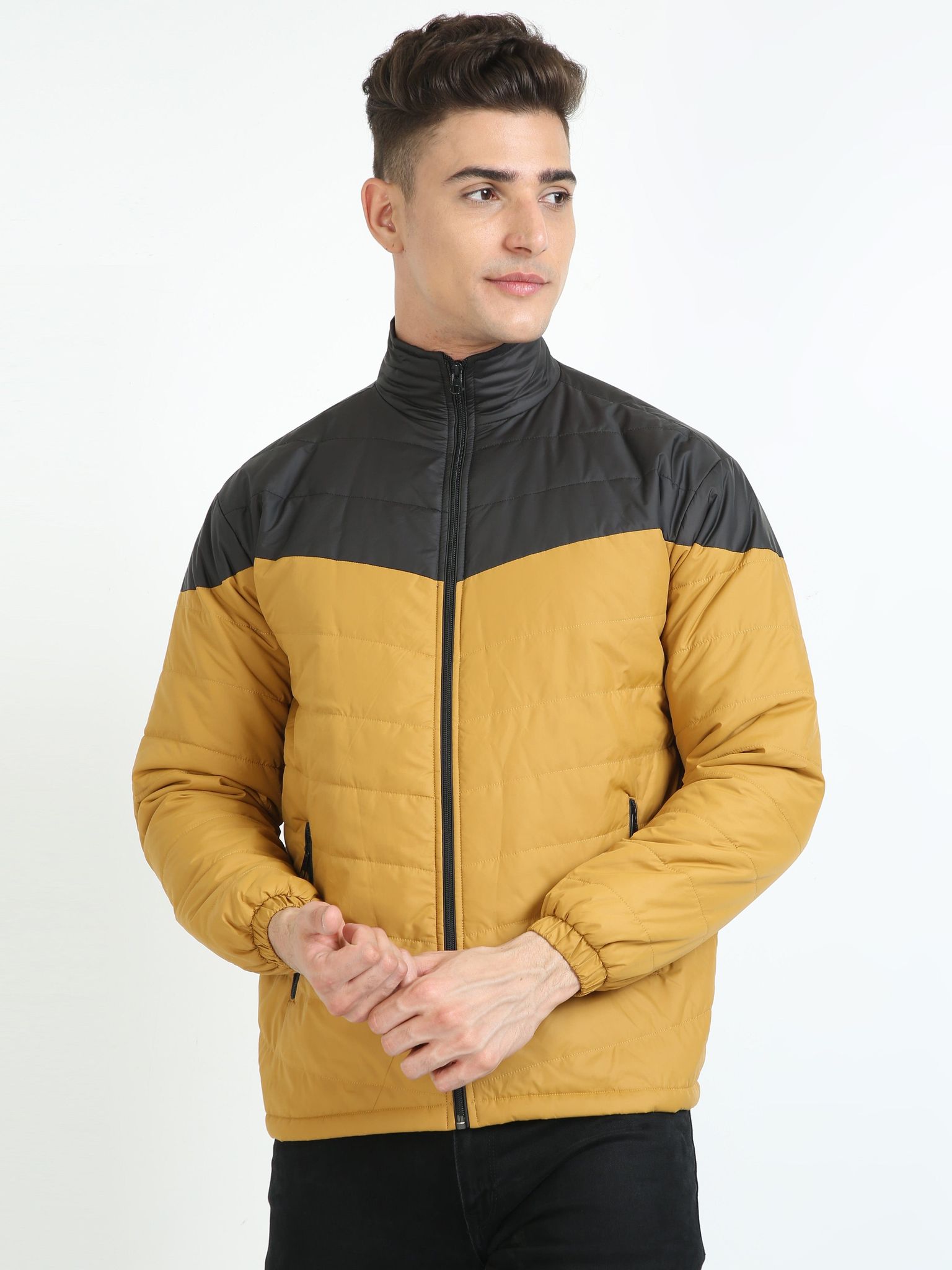 Men Golden-Black Cut & Sew Jacket