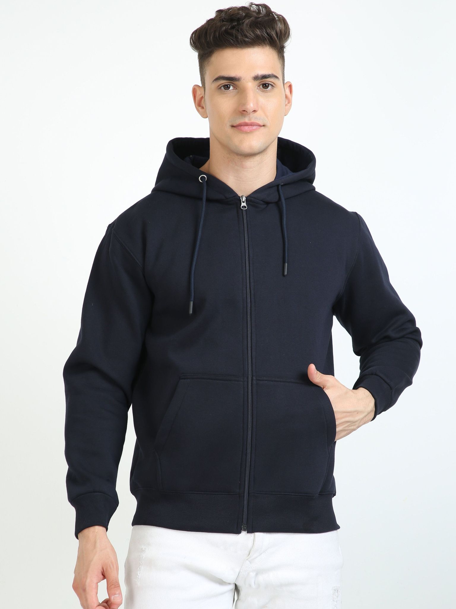 Men Navy Blue Zipper Hoodie