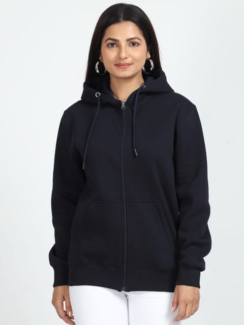 Women Navy Blue Zipper Hoodie