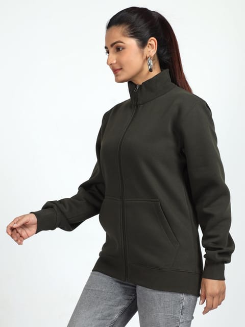 Women Olive Green High Neck Sweatshirt