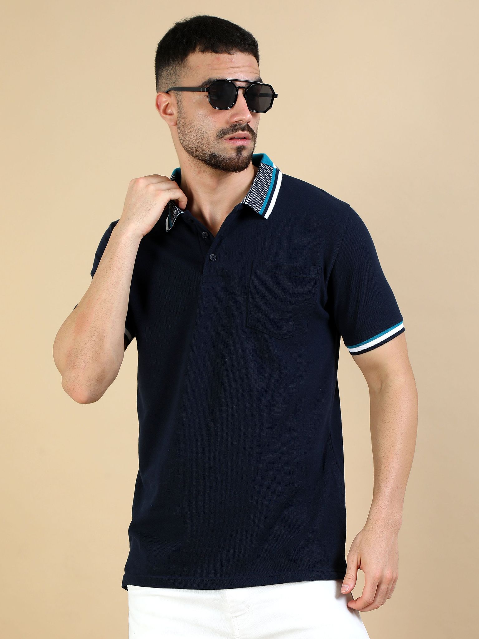 Printed Collar Polo - Navy