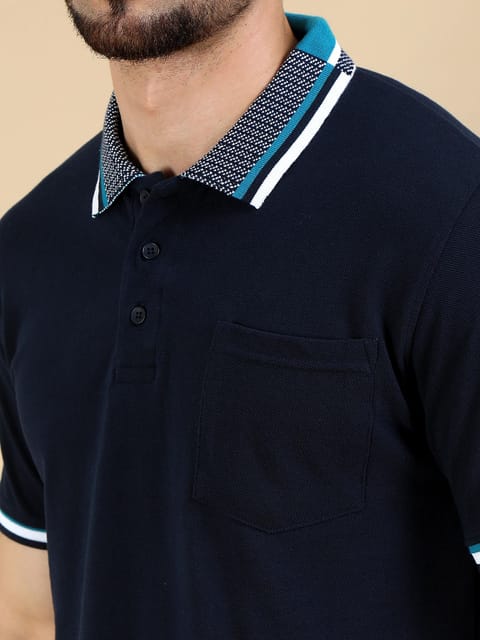 Printed Collar Polo - Navy