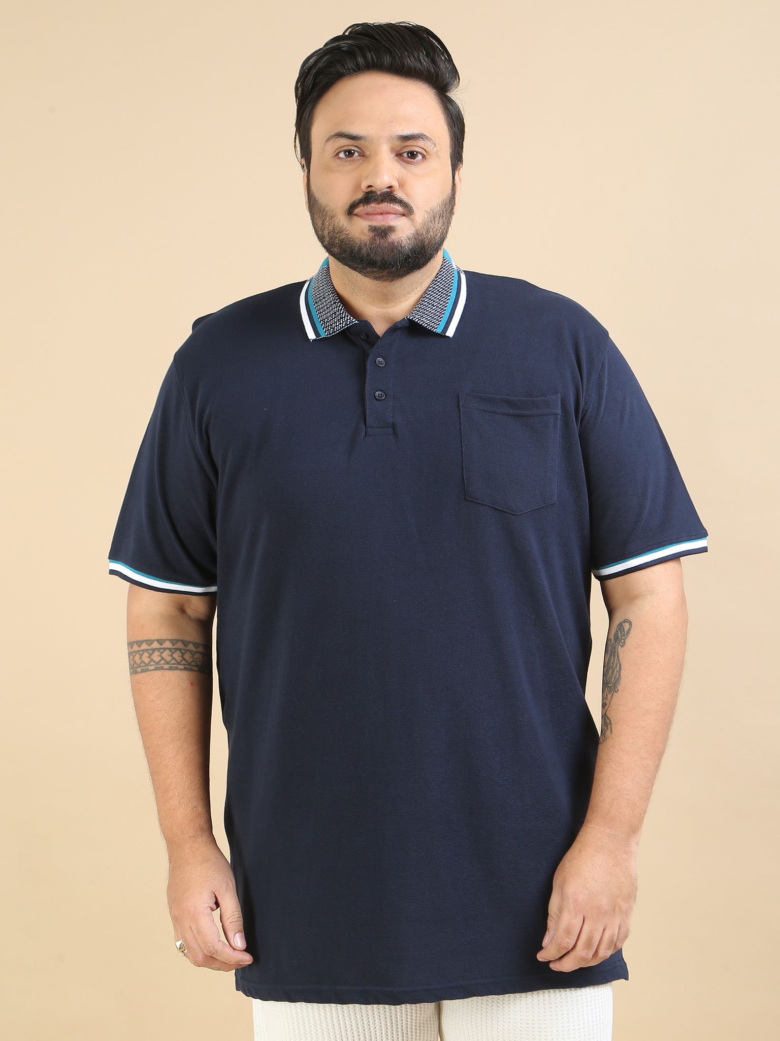 Plus Size Printed Collar Polo - Navy