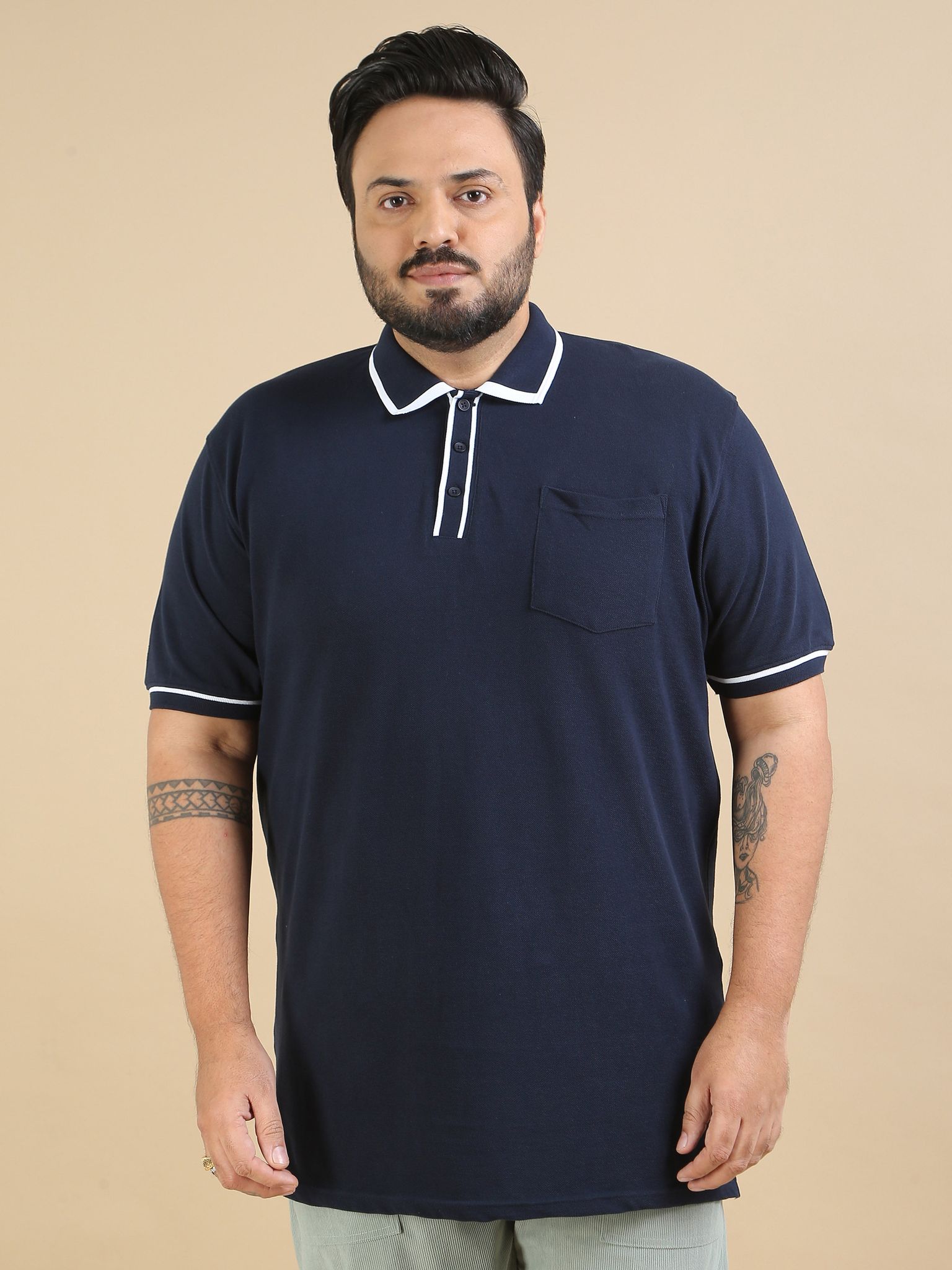 Plus Size Contrast Collar Polo - Navy