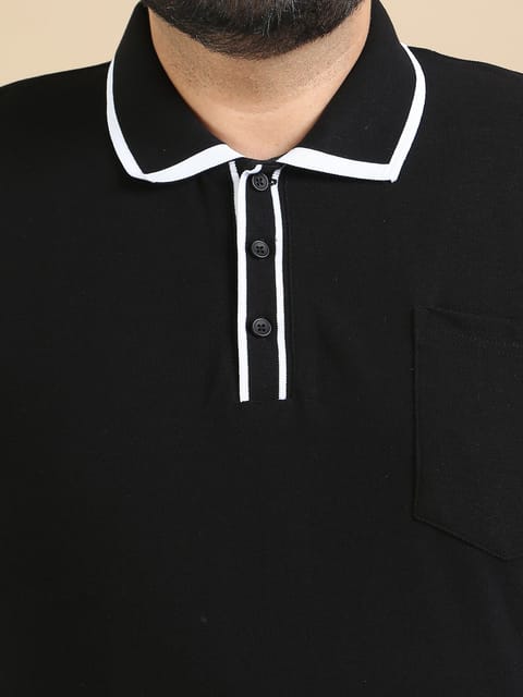 Plus Size Contrast Collar Polo - Black