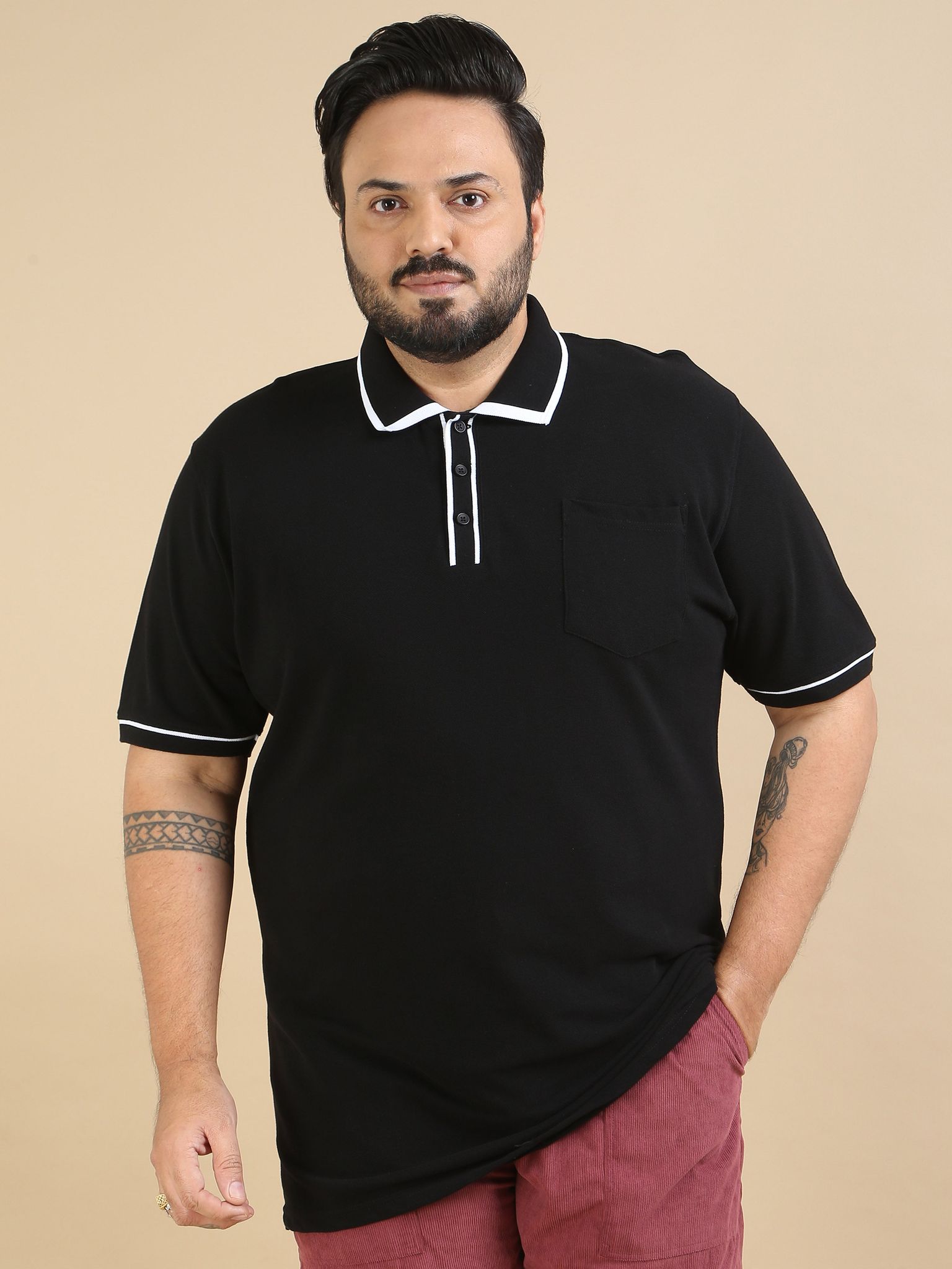 Plus Size Contrast Collar Polo - Black