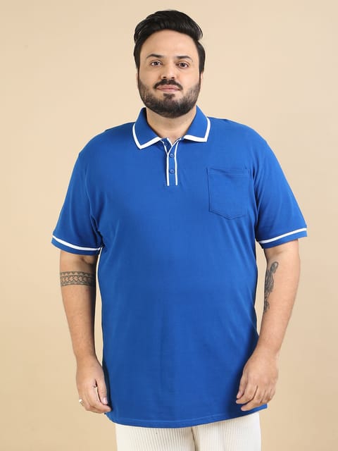 Plus Size Contrast Collar Polo - Blue