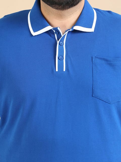 Plus Size Contrast Collar Polo - Blue