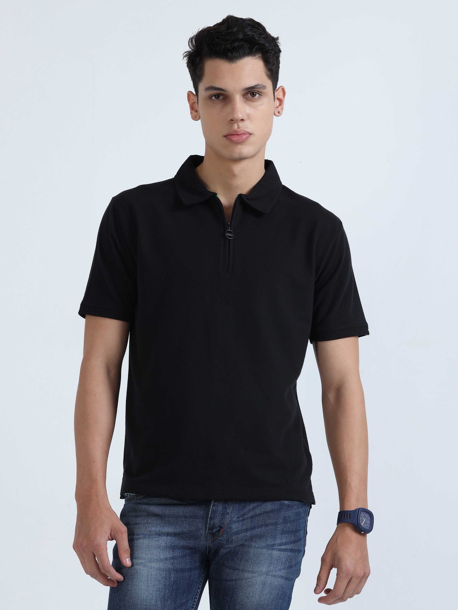 Caslay Sustainable Sweat Polo - Black Solid T-Shirt