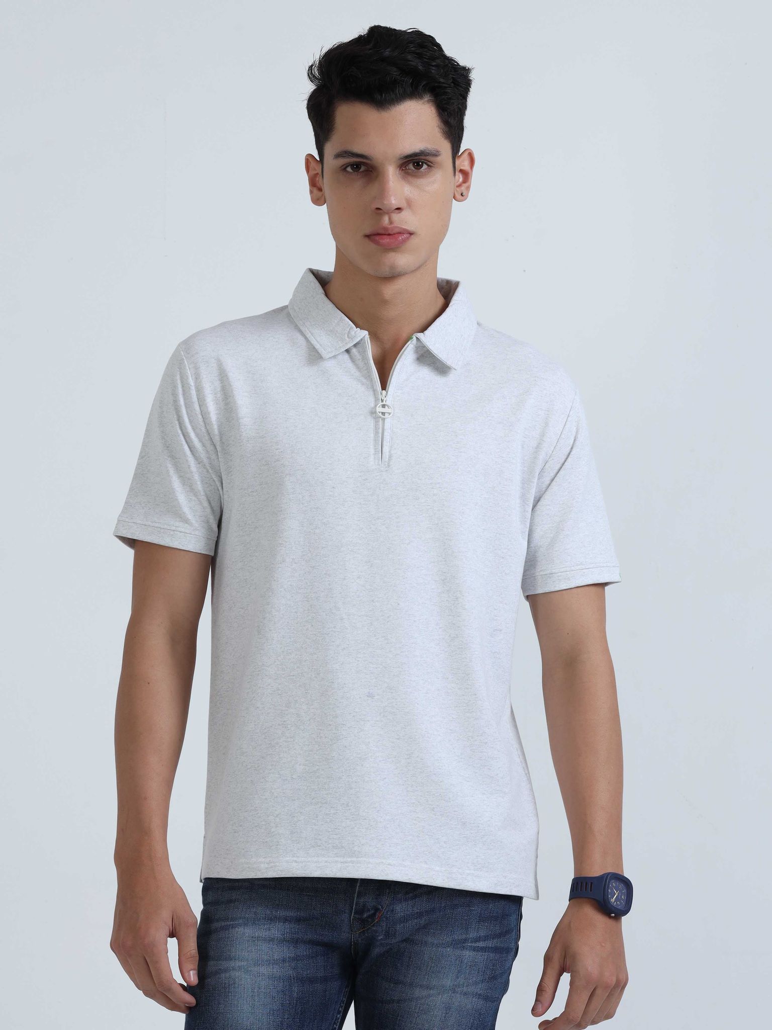 Caslay Sustainable Sweat Polo - White Melange Solid T-Shirt