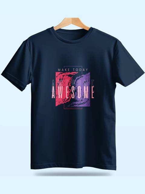 Caslay Sustainable - Make Today Awesome - Navy Blue Crew Neck Printed T-Shirt