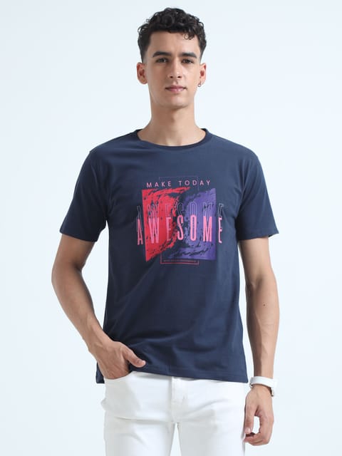 Caslay Sustainable - Make Today Awesome - Navy Blue Crew Neck Printed T-Shirt