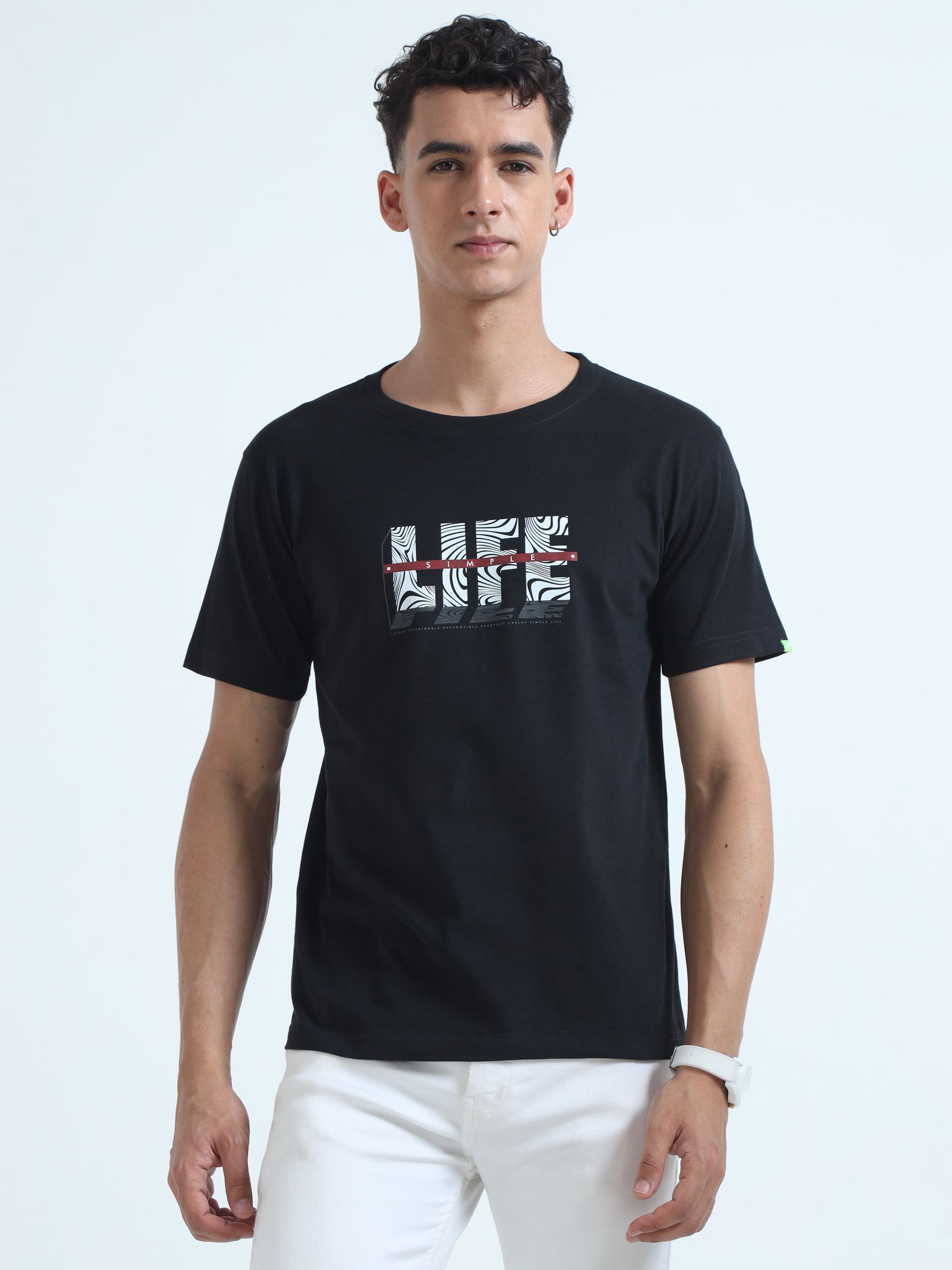 Caslay Sustainable - Simple Life - Black Crew Neck Printed T-Shirt