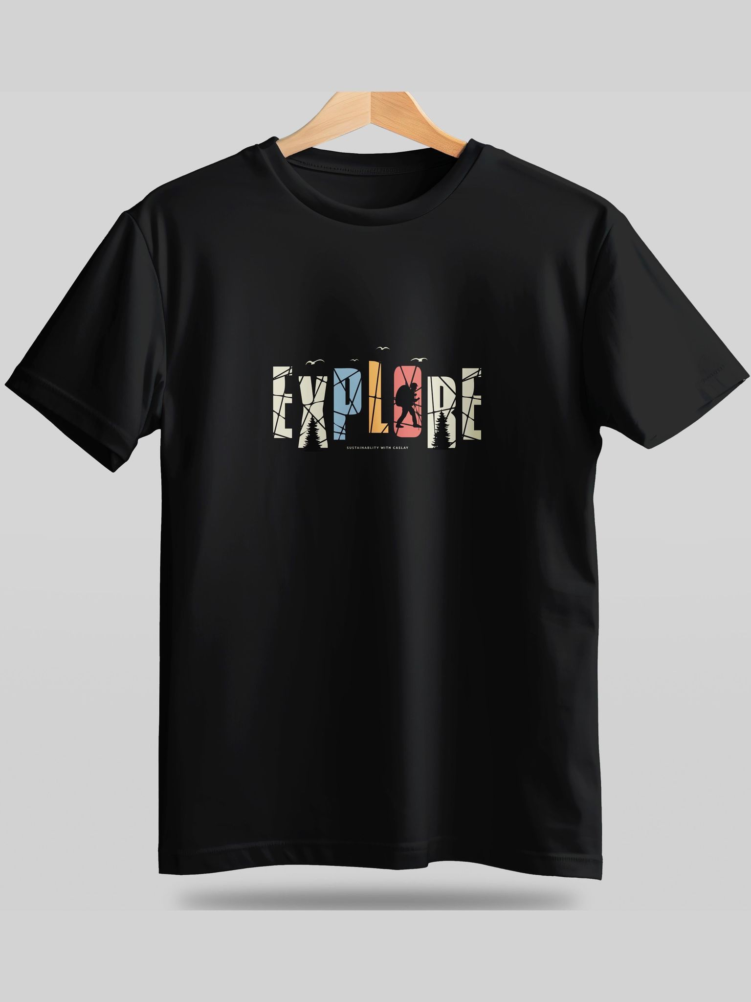 Caslay Sustainable - Explore - Black Crew Neck Printed T-Shirt