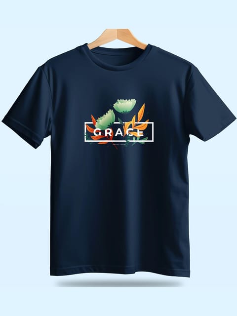 Caslay Sustainable - Grace - Navy Blue Crew Neck Printed T-Shirt