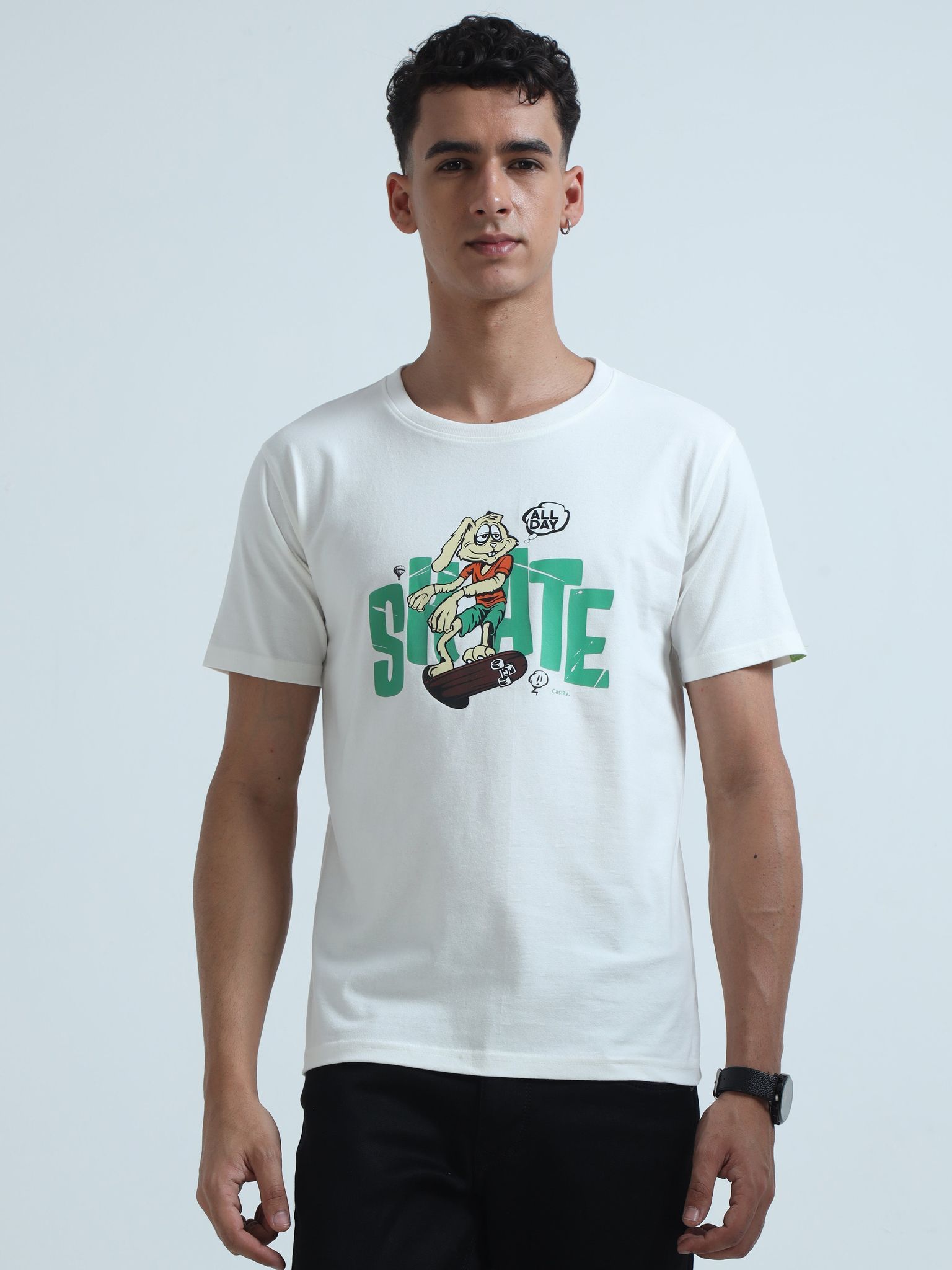 Caslay Sustainable - All Day Skate - White Crew Neck Printed T-Shirt