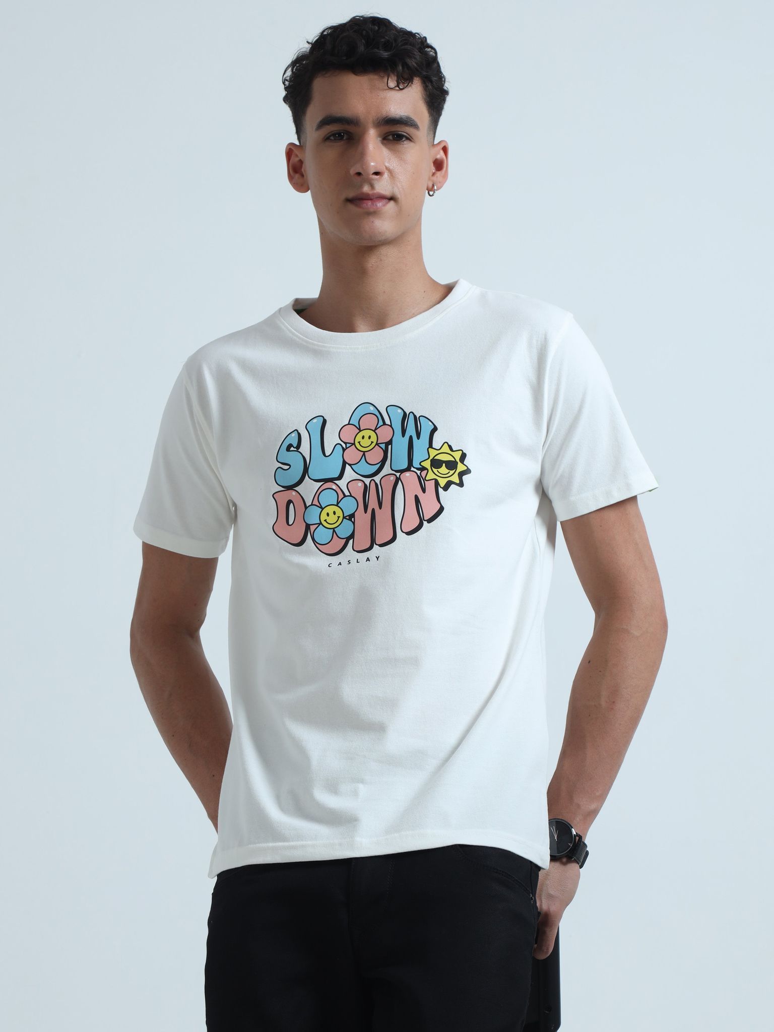 Caslay Sustainable - Slow Down - White Crew Neck Printed T-Shirt