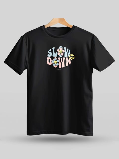 Caslay Sustainable - Slow Down - Black Crew Neck Printed T-Shirt